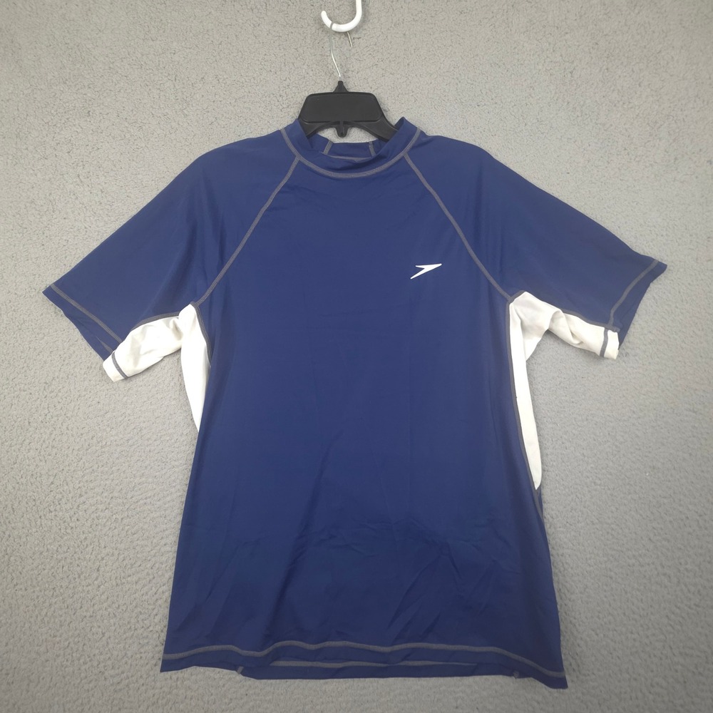 Speedo Mens Rash Guard Medium Short Sleeve Swim Shirt Blue White Mock Neck